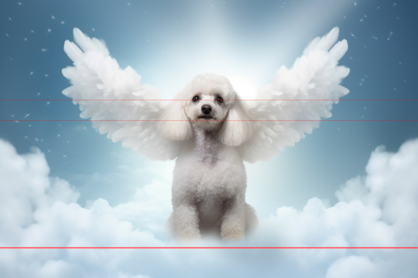 A white toy poodle styled with flufy white angel wings on its back, set against a blue sky with soft clouds, exuding a heavenly, serene vibe.